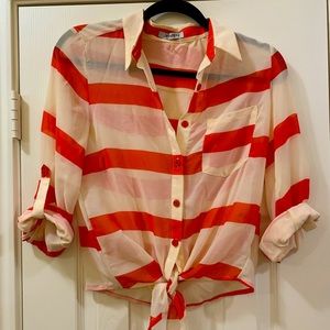 Adorable button down with tie, sheer blouse